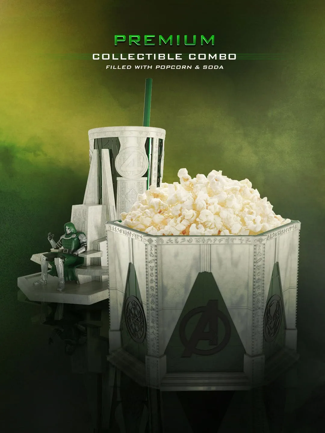 Regal's premium combo: a stone-look tin and a cup topped by Doom on his throne