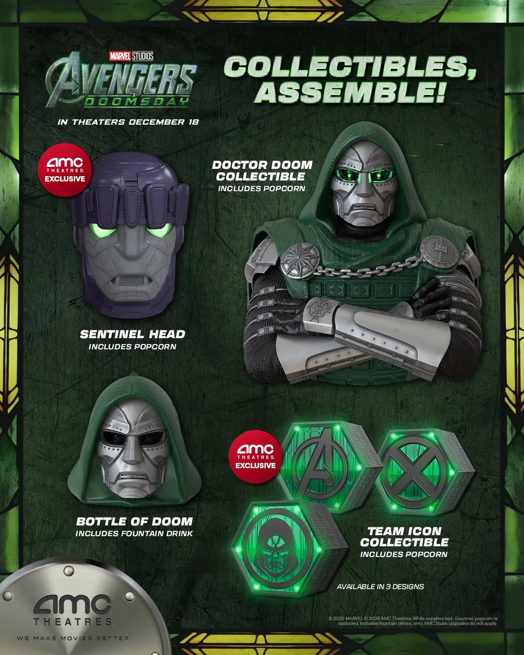 AMC's Sentinel Head, Doctor Doom statue, Bottle of Doom and Team Icon hexagons