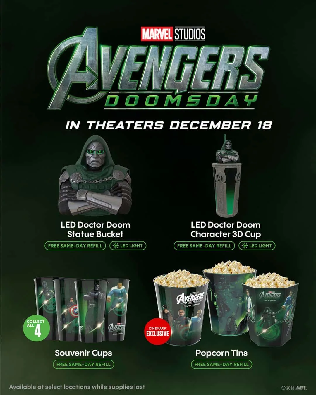 Cinemark's light-up Doom bucket and cup, souvenir cups and popcorn tins
